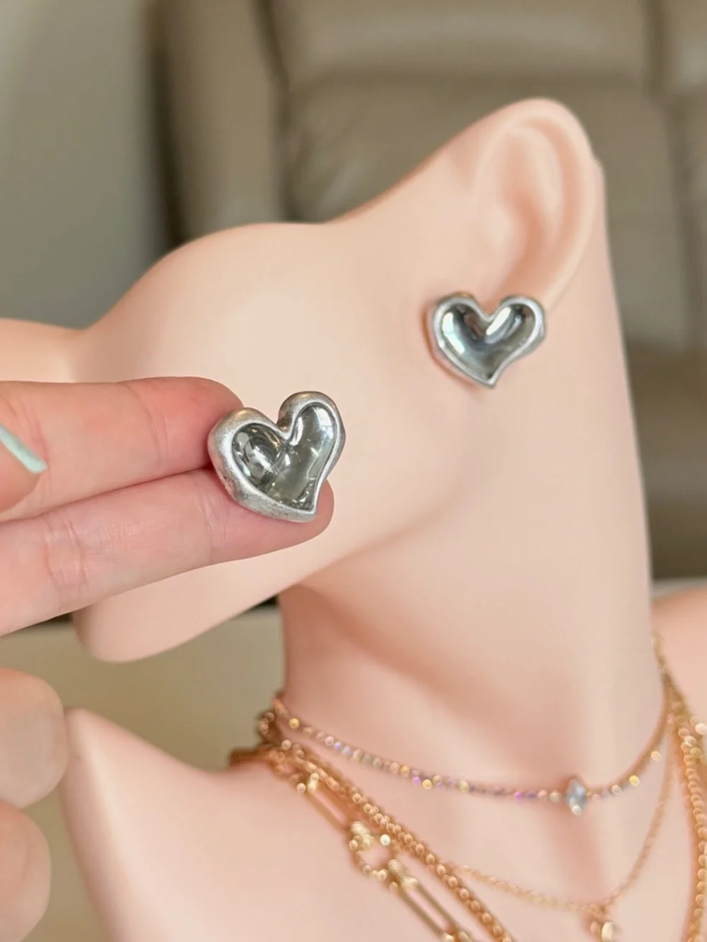 Silver Heart Stud Earrings - Picture 5 of 14